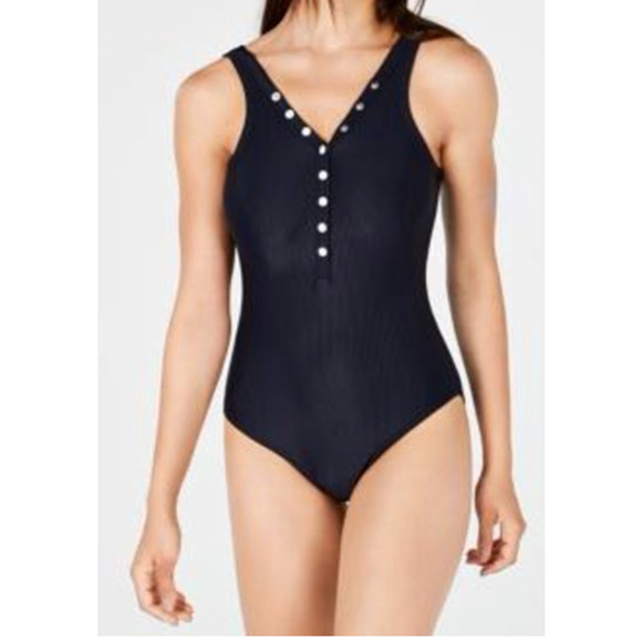 Tommy Hilfiger Ribbed Snap-Front One-Piece Swimsuit NAVY Size 10 NWT - Picture 1 of 3